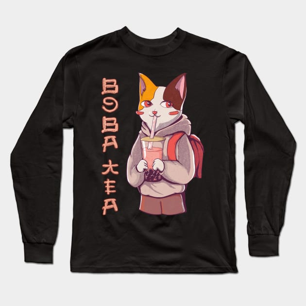 Kawaii anime cat drinking boba tea Long Sleeve T-Shirt by heidiki.png